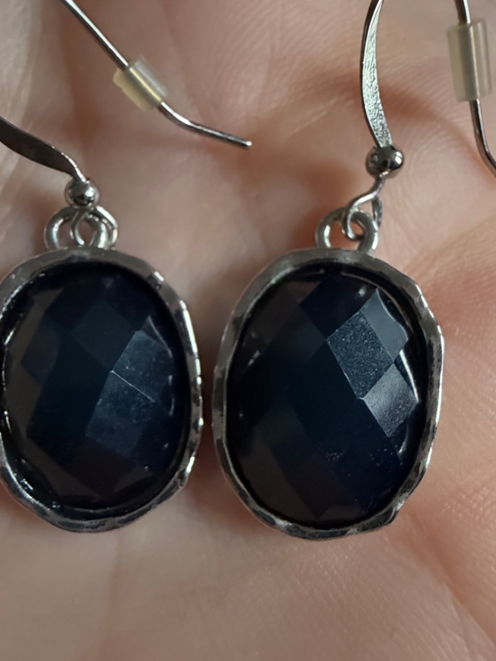 Silver Drop Earrings with Dark Navy Faceted Stones - Picture 3 of 7